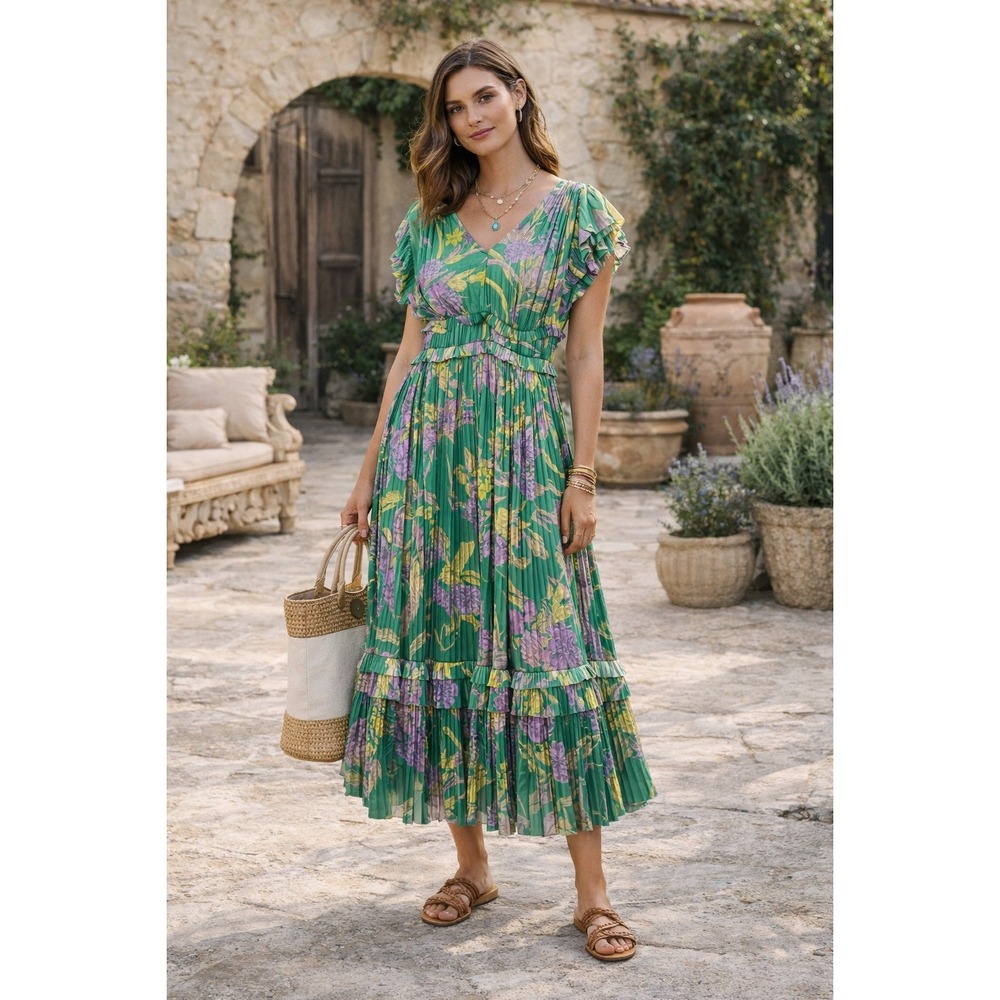 Current Air Anthropologie Sereia Botanical Motif Midi Pleated Dress Green Yellow